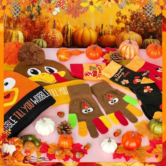 Funny 12 Pcs Thanksgiving Costume Set: Cozy Beanie, Socks, & Gloves for All Ages - Picture 6 of 7